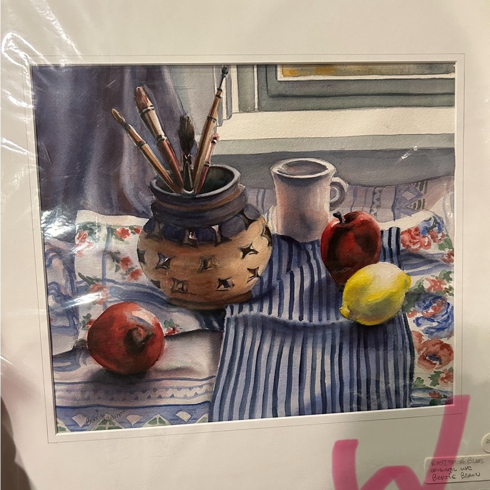 Cream Still Life Painting with Fruit and Brushes